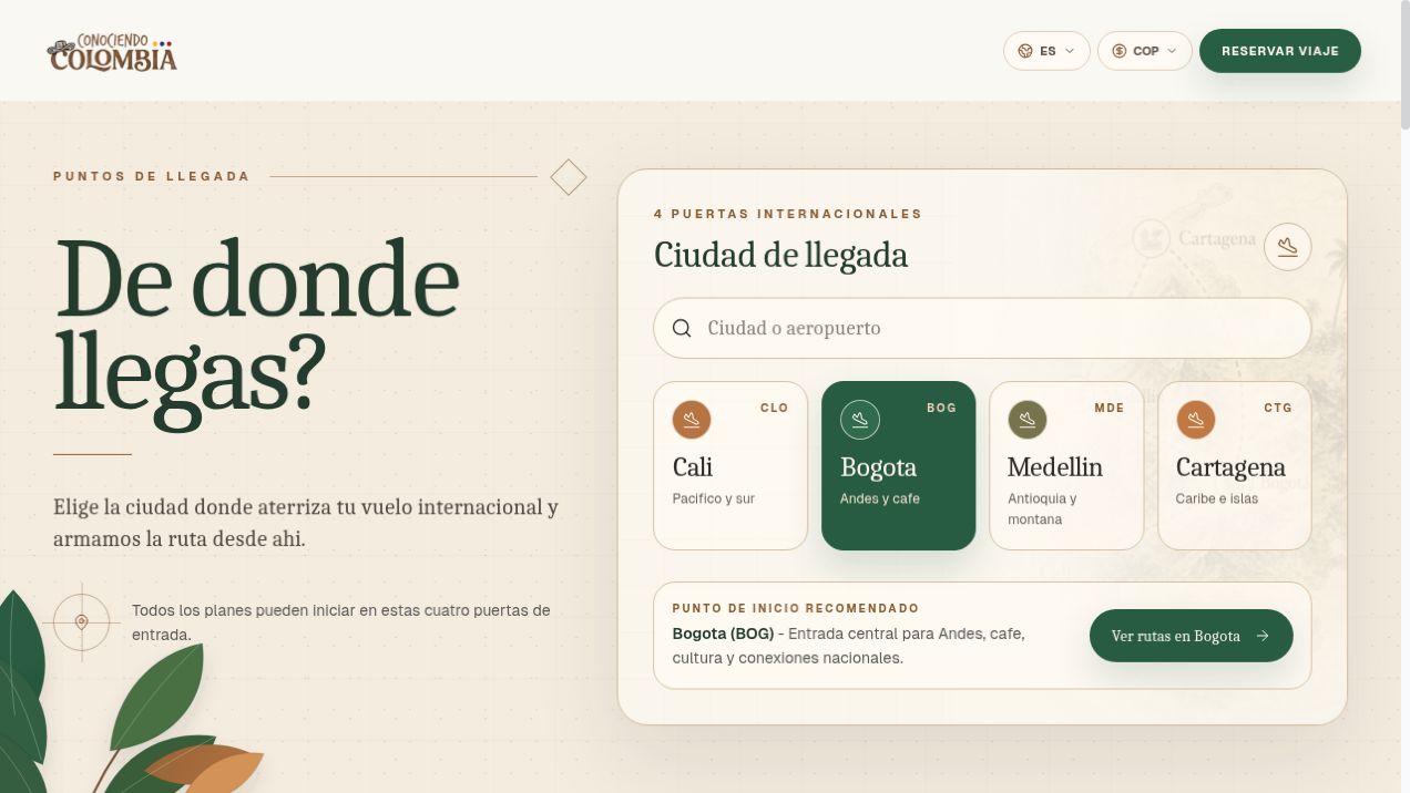 Conociendo Colombia production website showing its city-of-arrival route builder