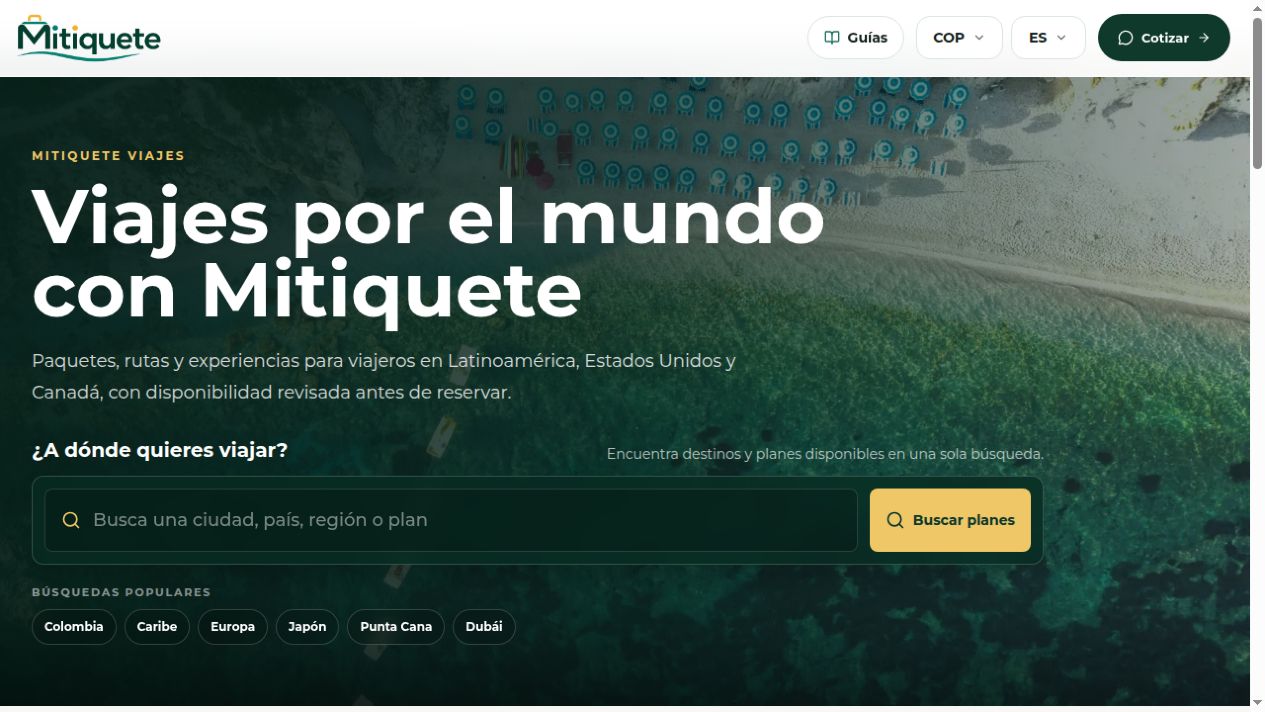 Mitiquete production website showing its global travel search experience
